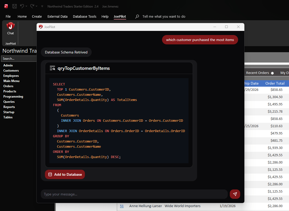 JoePilot add-in working inside Microsoft Access